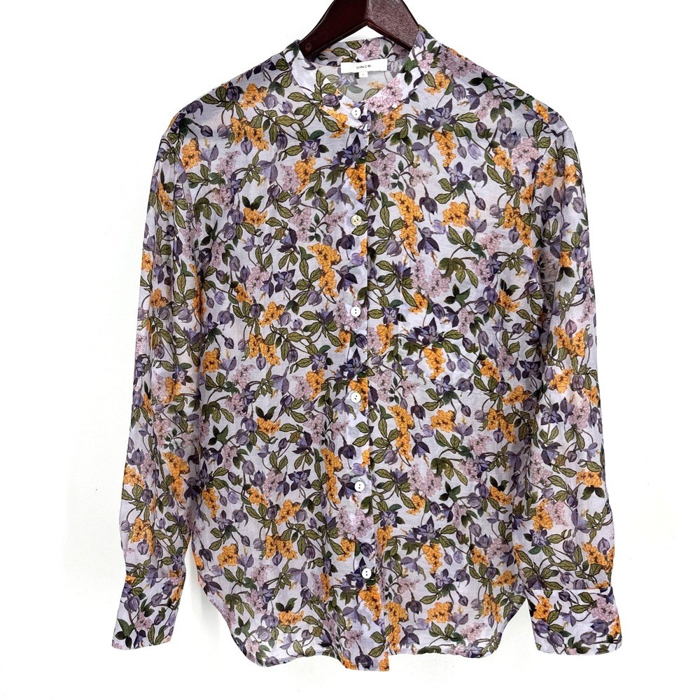 Vince Wisteria Vine Relaxed Band Collar Floral Button Front S L/S Cottagecore
